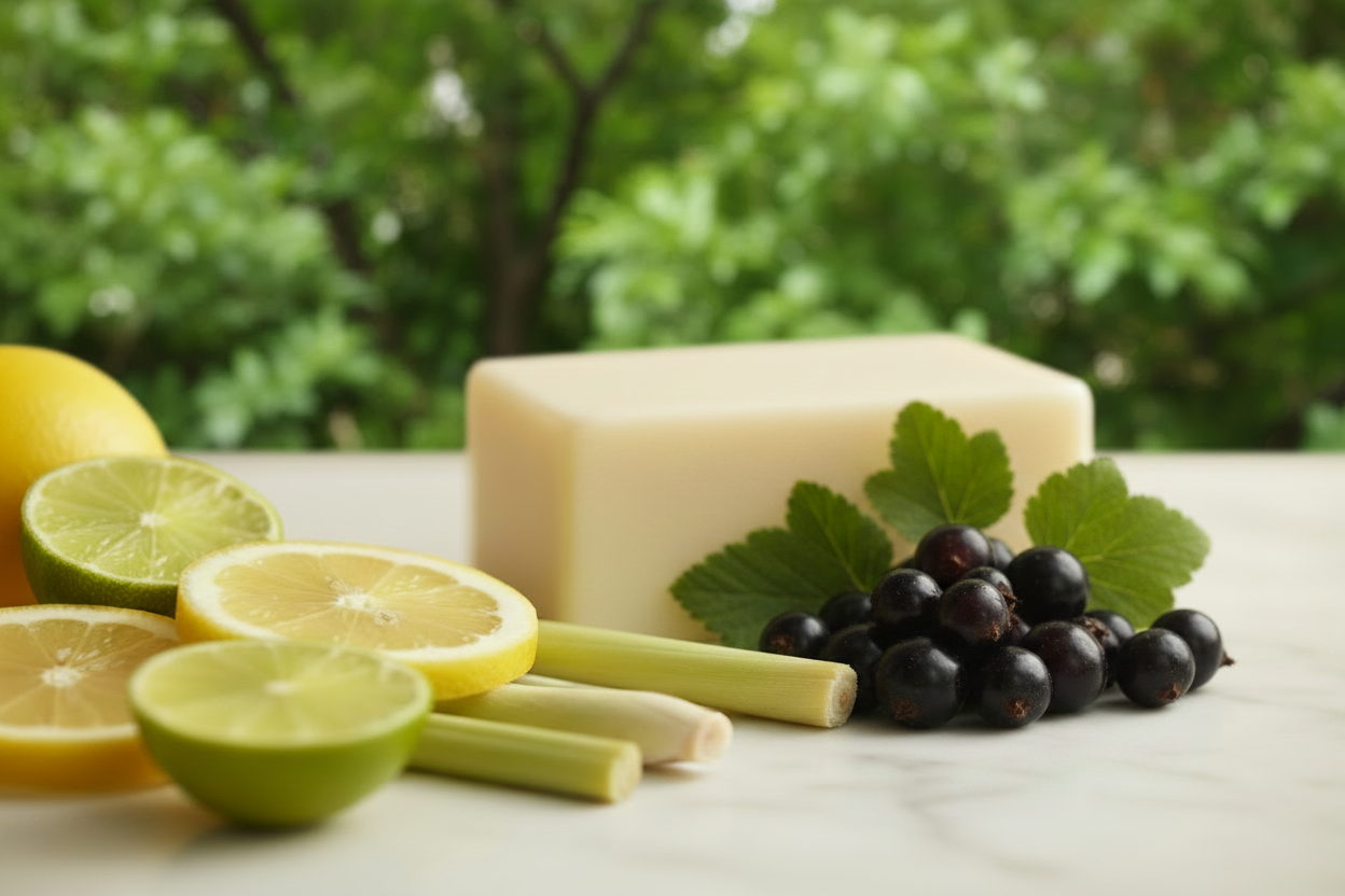 Block of soap with lemons and limes on a table outdoors