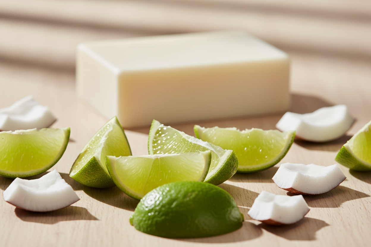 Bar of soap with lime wedges and coconut pieces on a wooden surface