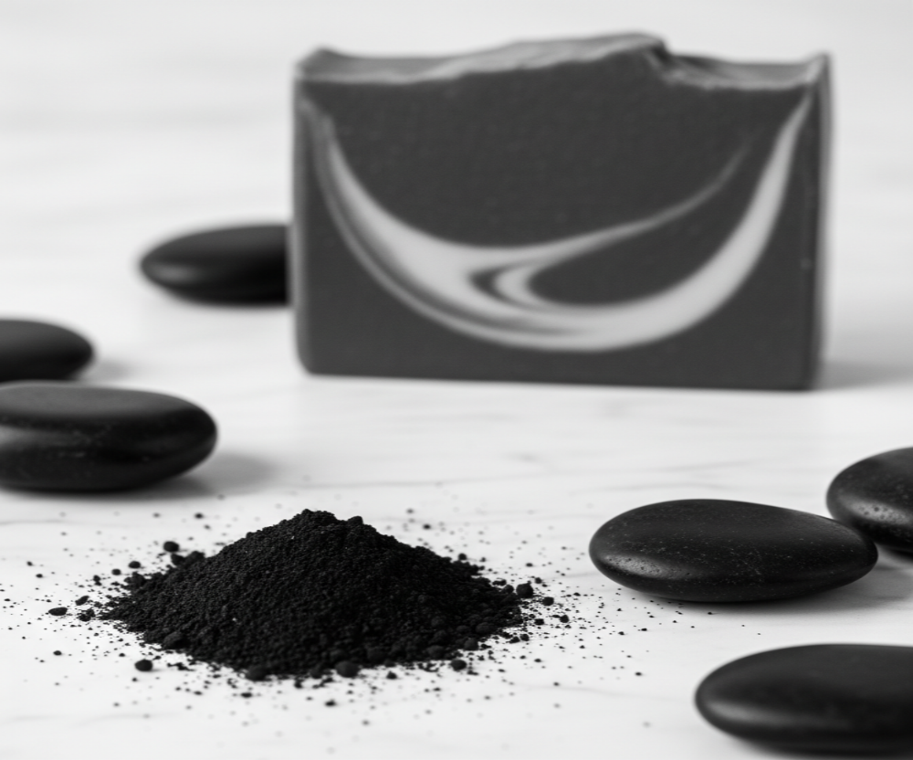 Black powder on a white surface with black stones and a black soap bar in the background.