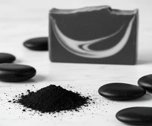 Black powder on a white surface with black stones and a black soap bar in the background.