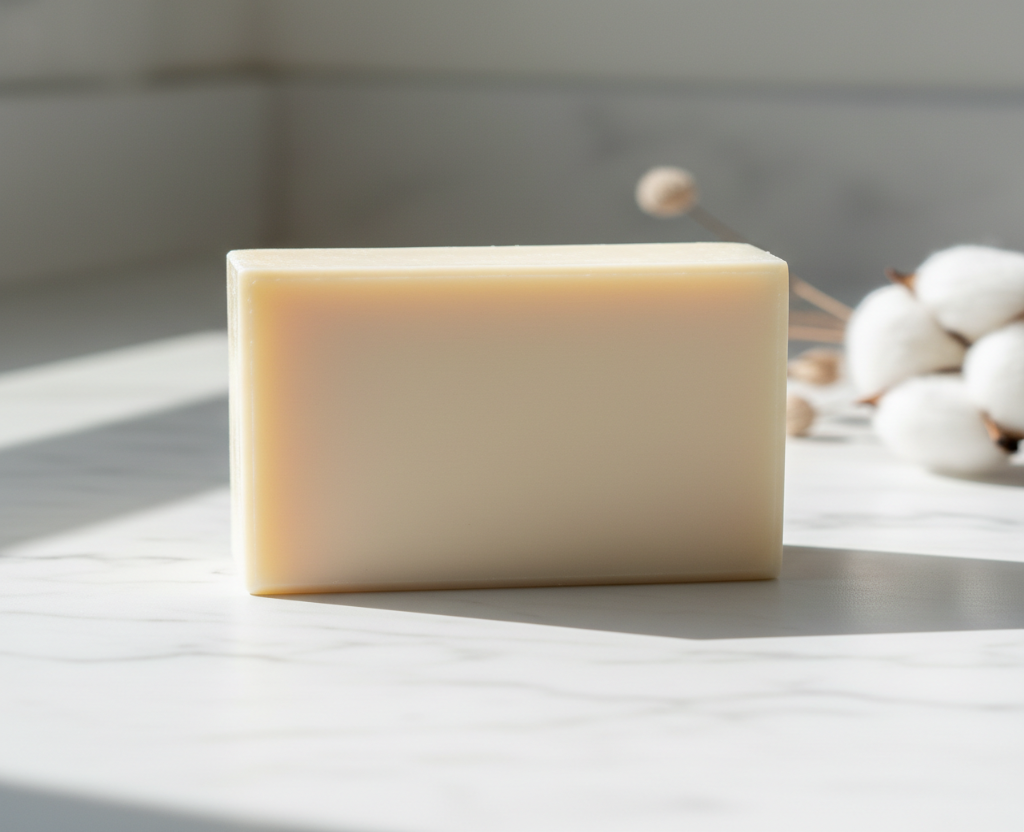 Bar of soap on a marble surface with a blurred background
