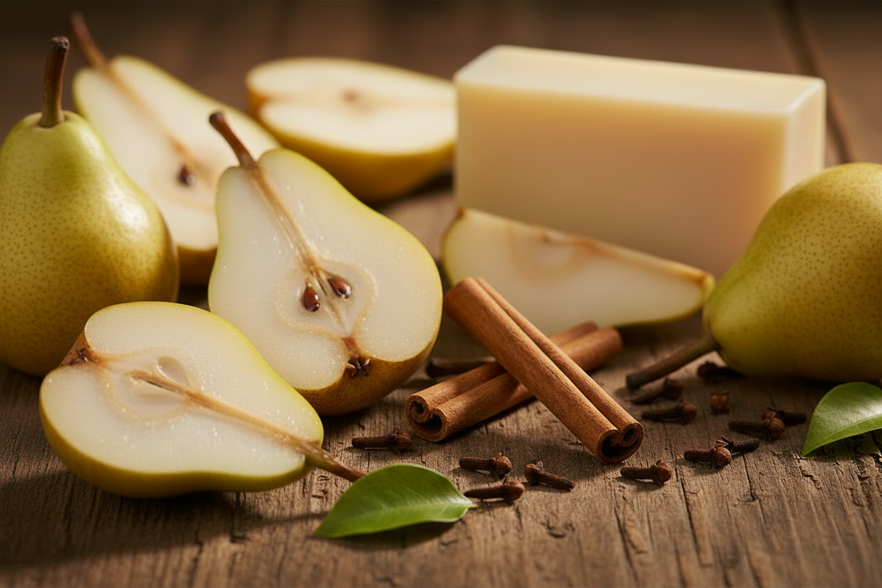 Pears, cinnamon sticks, and a bar of soap on a wooden surface