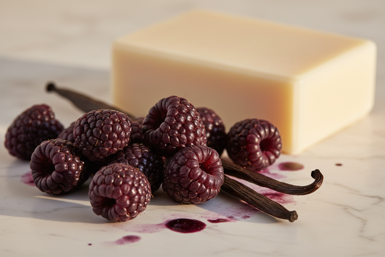 Bar of soap with raspberries and vanilla beans on a marble surface