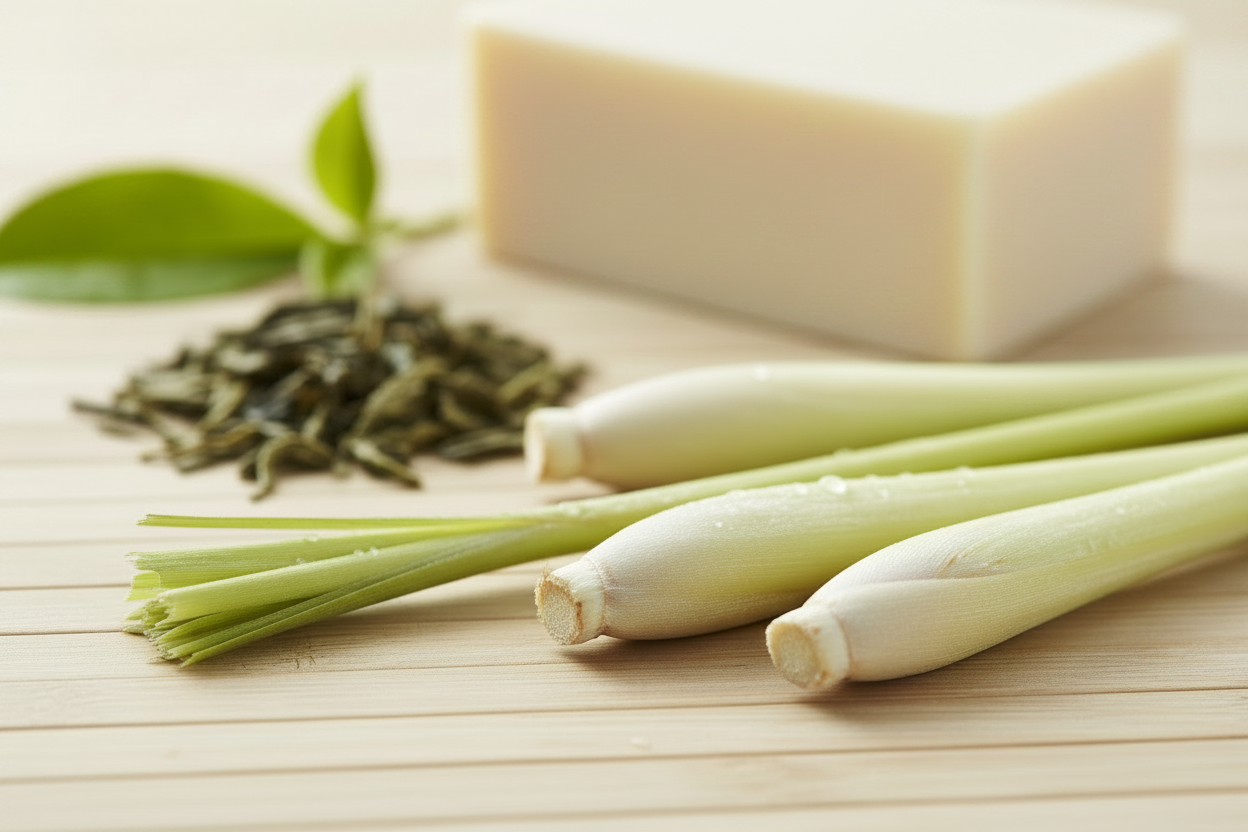 Lemongrass, tea leaves, and soap bars on a wooden surface