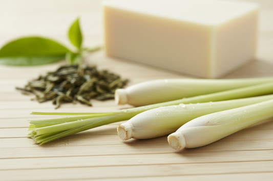 Lemongrass, tea leaves, and soap bars on a wooden surface