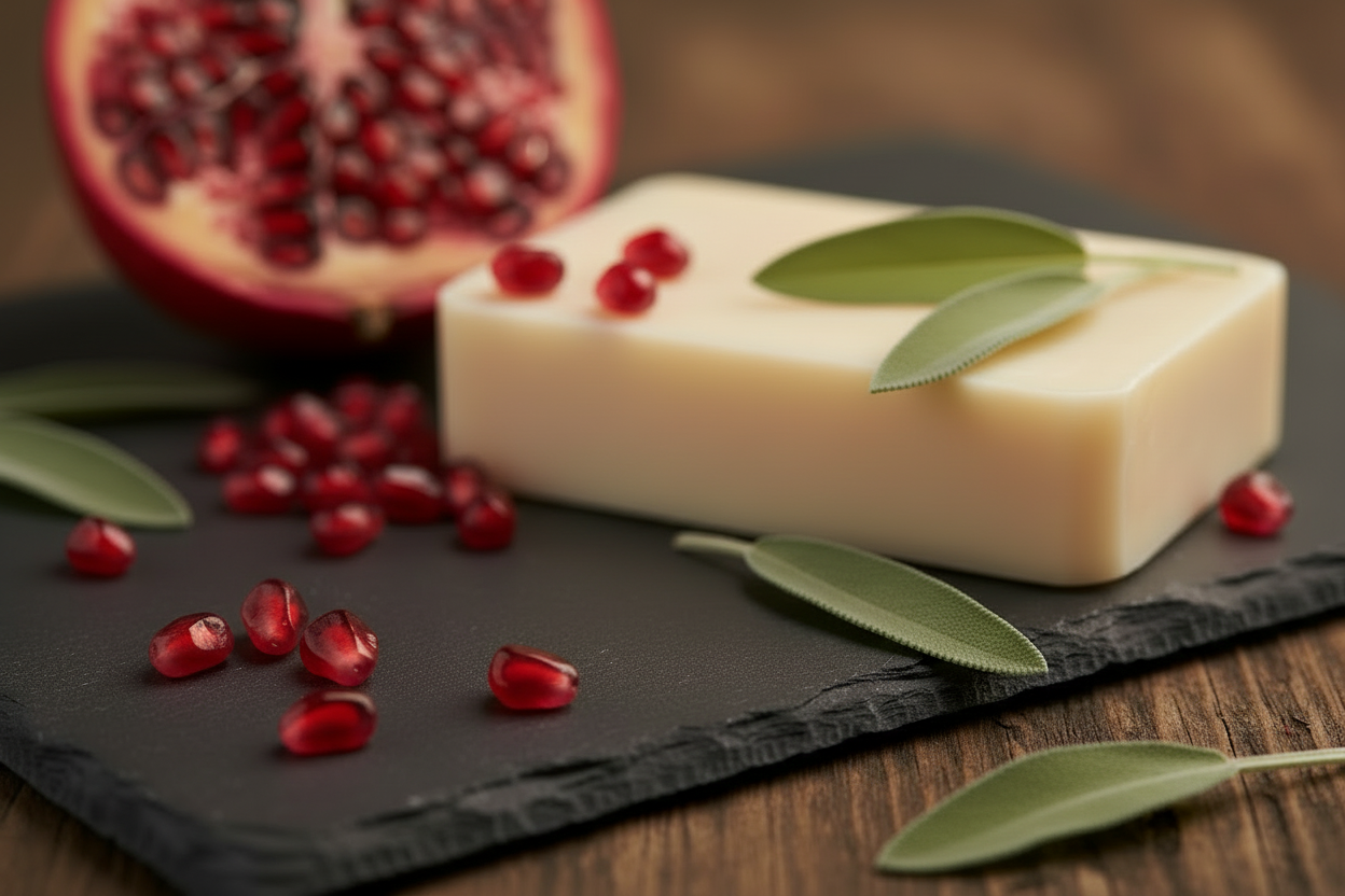 Halved pomegranate with a bar of soap on a dark surface