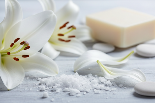 Bar of soap, white flowers, and salt on a light wooden surface