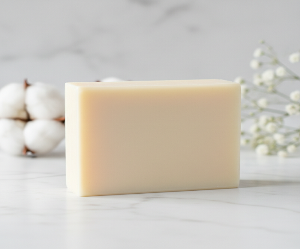 Bar of soap on a marble surface with a soft focus background