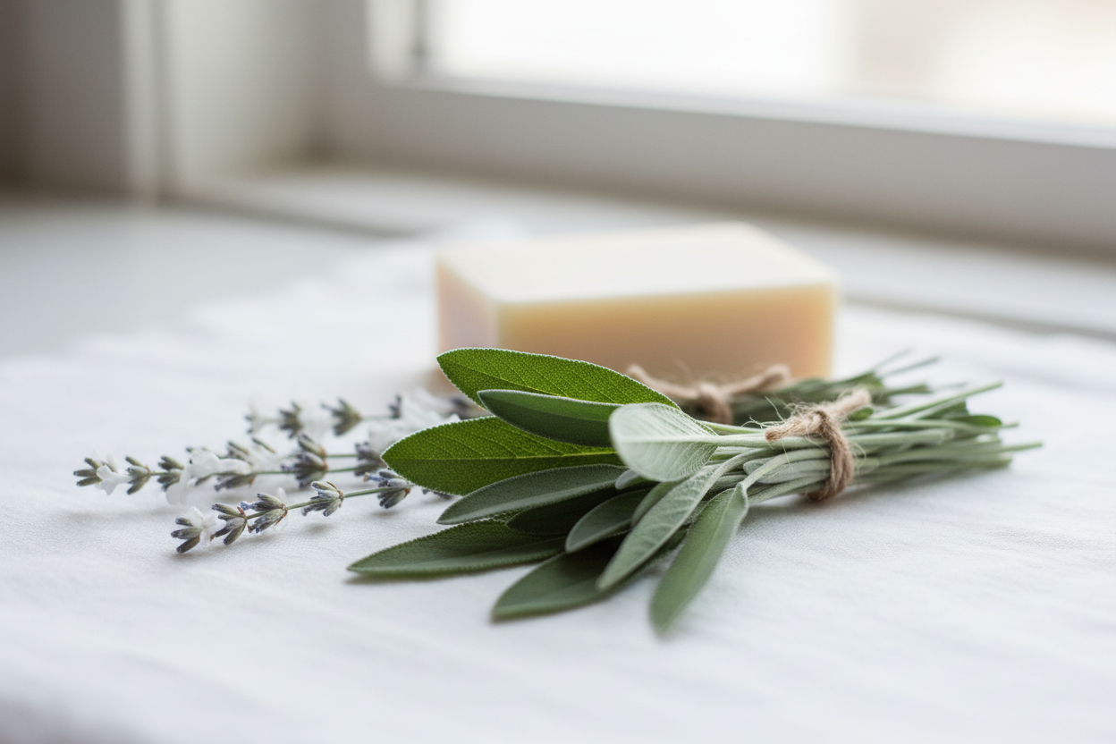 Bar of soap with a bundle of herbs on a light surface